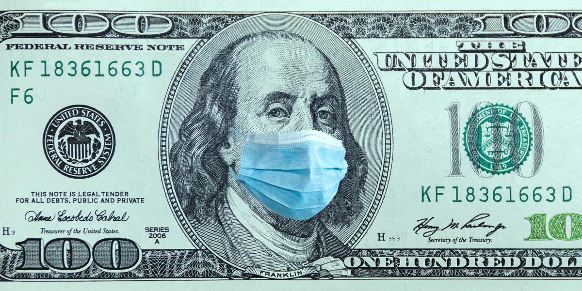 $100 bill with Benjamin Franklin wearing a medical mask.