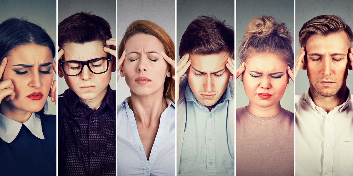 6 men and women in a 6-column layout are holding their heads because of a headache.