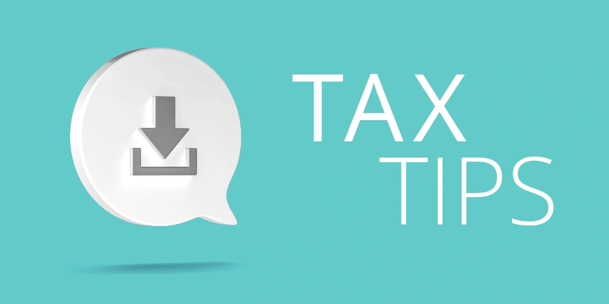 Download icon in white 3D speech bubble on Russo blue background with white words "Tax Tips."